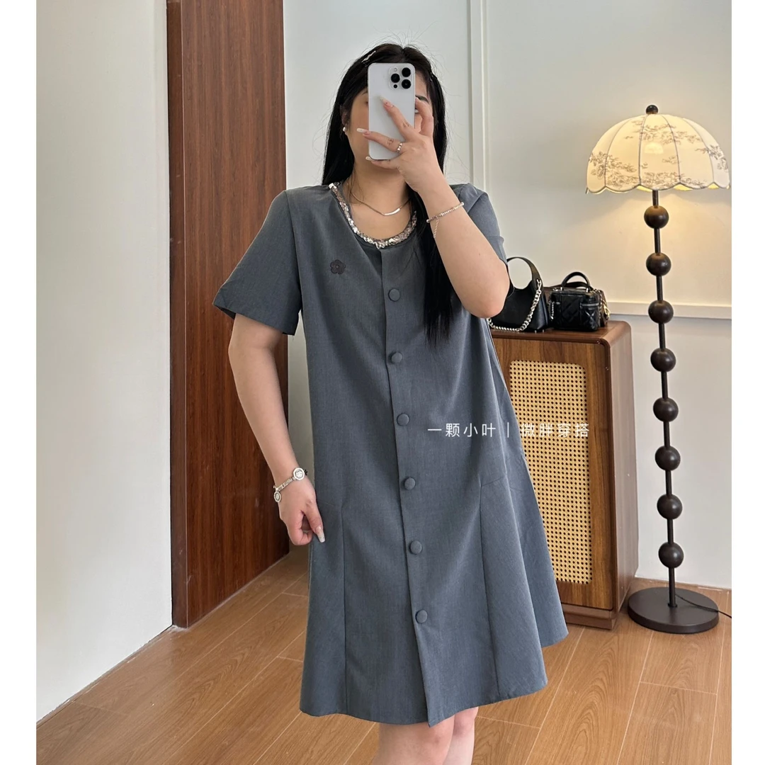 【一颗小叶】夏季大码微胖西装多扣连衣裙气质显瘦057