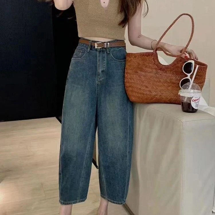 大码女夏女装薄款七分200宽松mm牛仔裤中裤哈伦加肥高腰胖斤香蕉