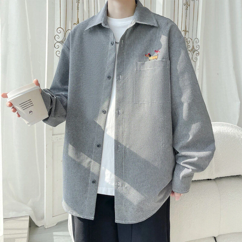 美式潮流腊肠狗刺绣条纹长袖衬衫男秋季新款休闲百搭宽松大码外套