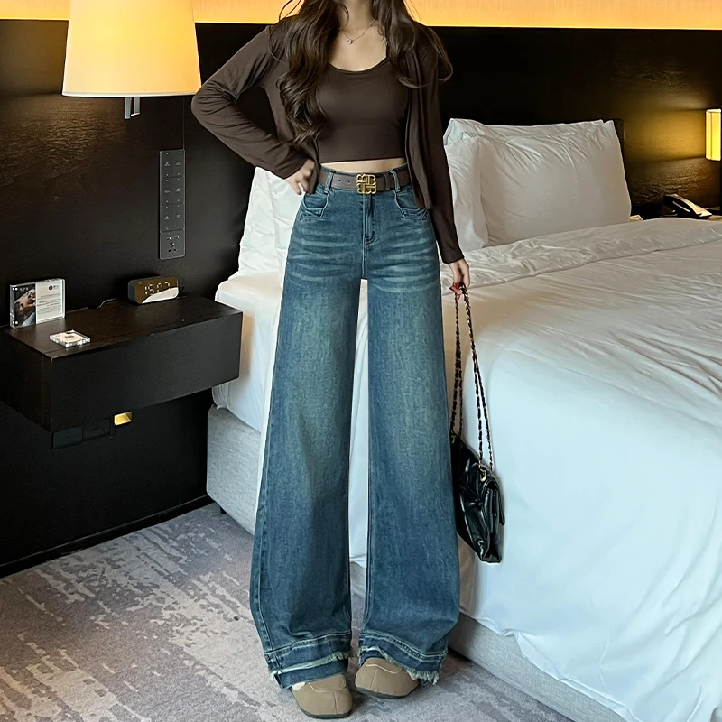 复古不贴腿微喇牛仔女2025秋季新款高腰宽松牛仔裤小个子显高百搭