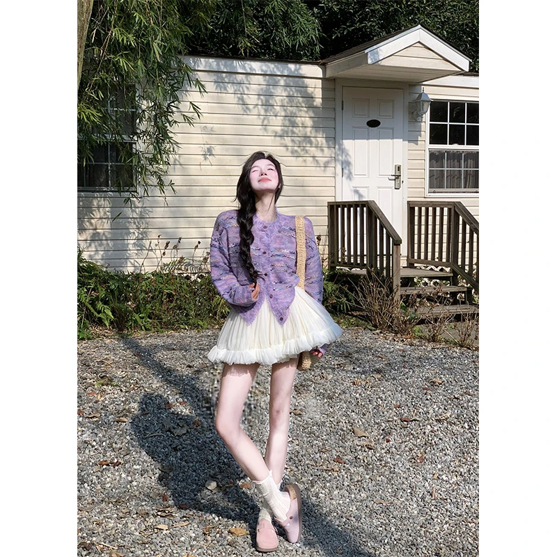 MARIE.COCO温柔风套装长袖针织开衫春季女内搭翻领衬衣裙两件套