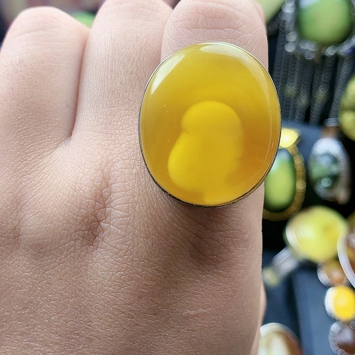 琥珀裸石银S925镶嵌戒指