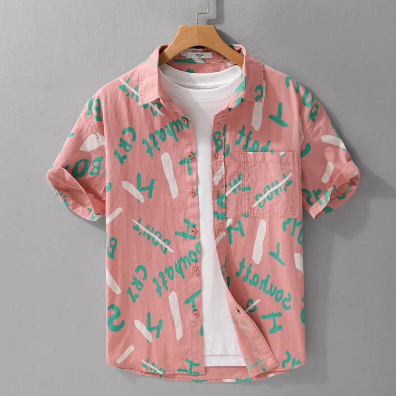 个性印花潮流短袖衬衫男夏季新款透气纯棉满印设计感休闲翻领衬衣