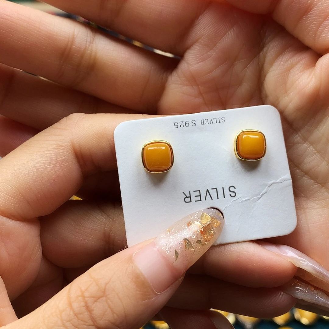 蜜蜡银S925镶嵌耳饰耳钉