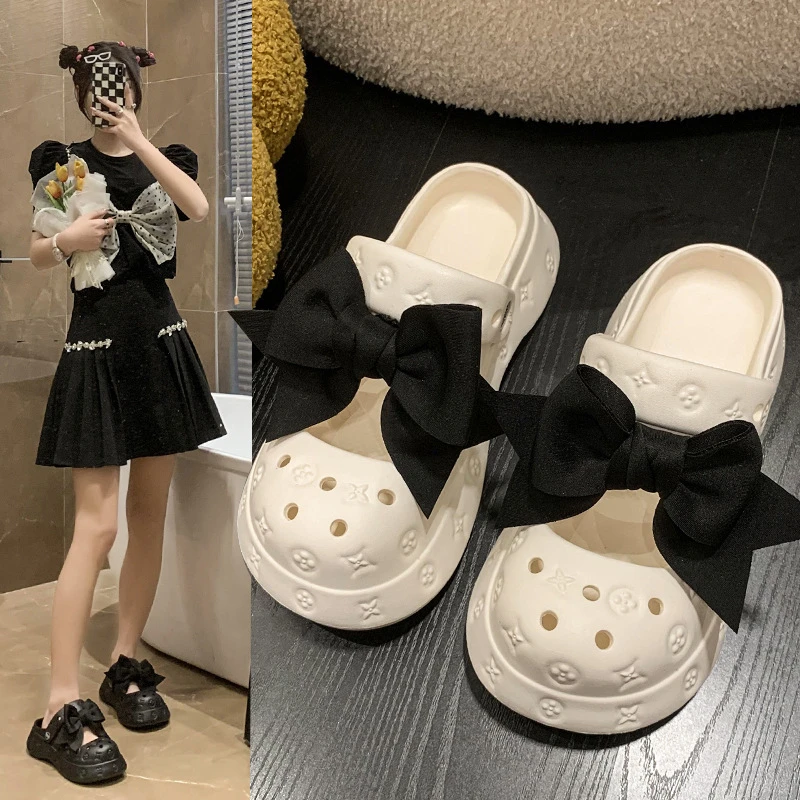 洞洞鞋女外穿夏季2025年新款ins可爱透气踩屎感蝴蝶结包半拖鞋