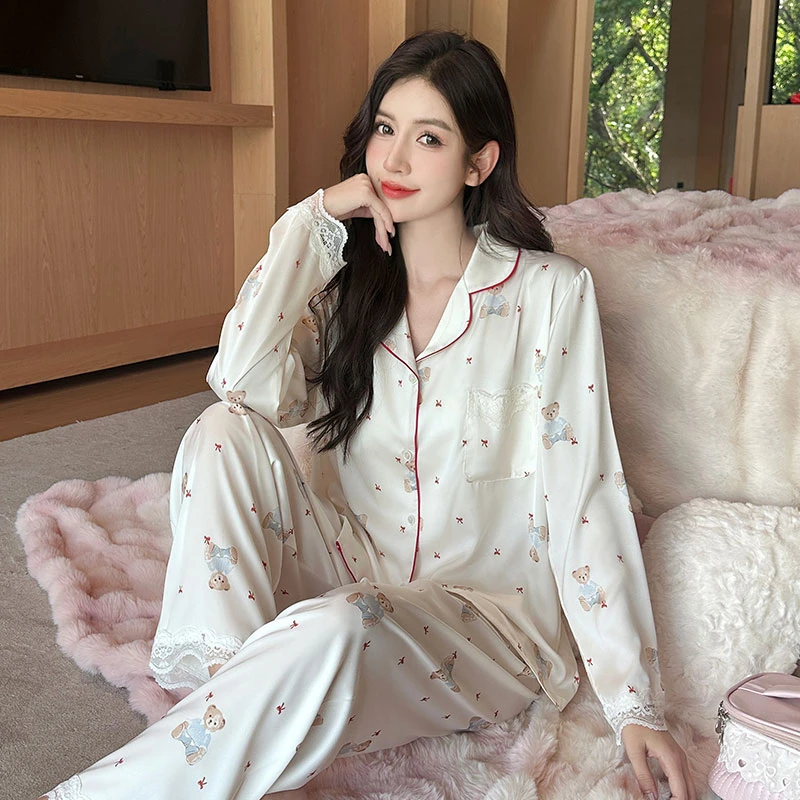 甜美卡通小熊睡衣女冰丝透气丝滑女士大码蕾丝长袖家居服套装春夏