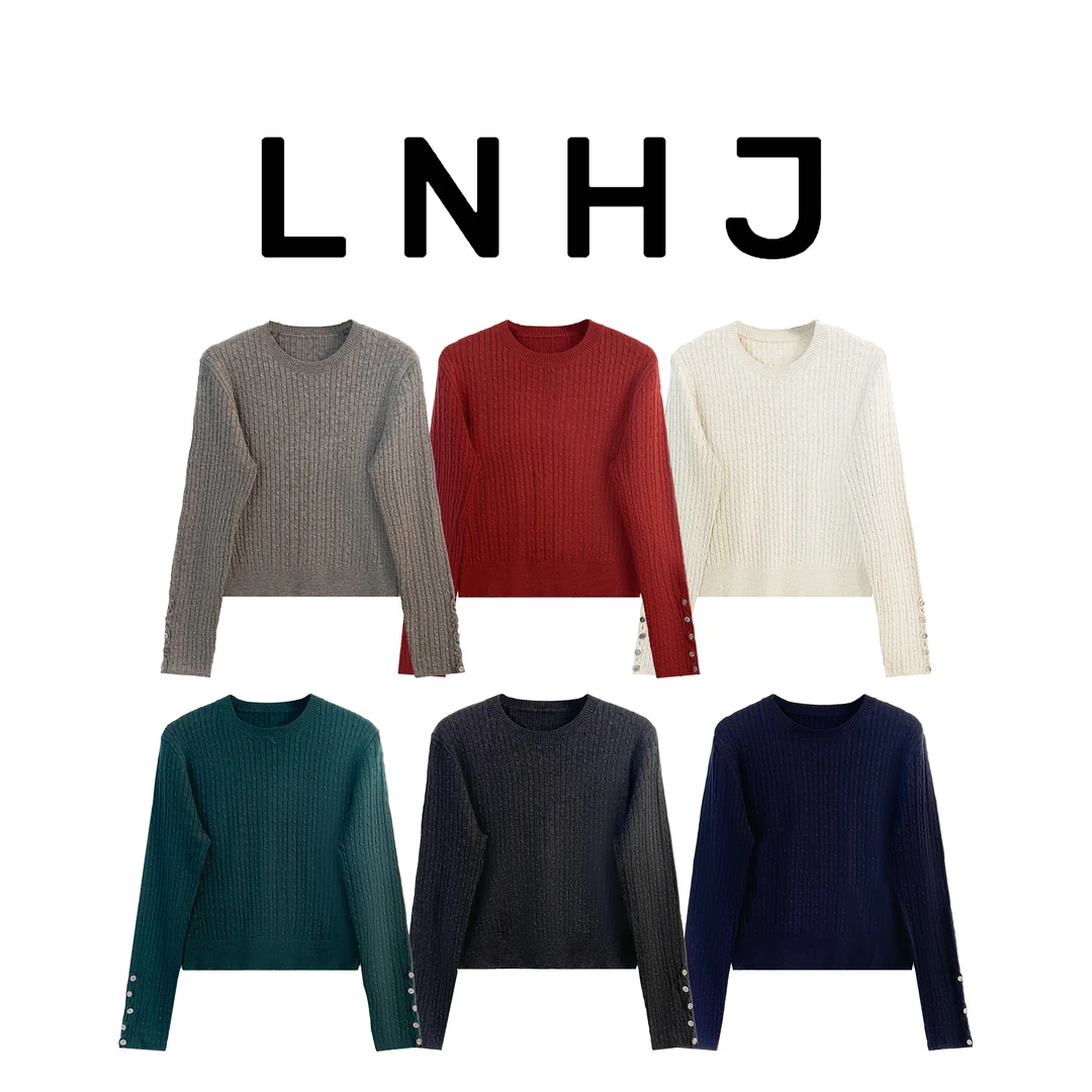 LNHJ【周末时间】（不退换）设计感袖口扣子圆领针织长袖纯色上衣