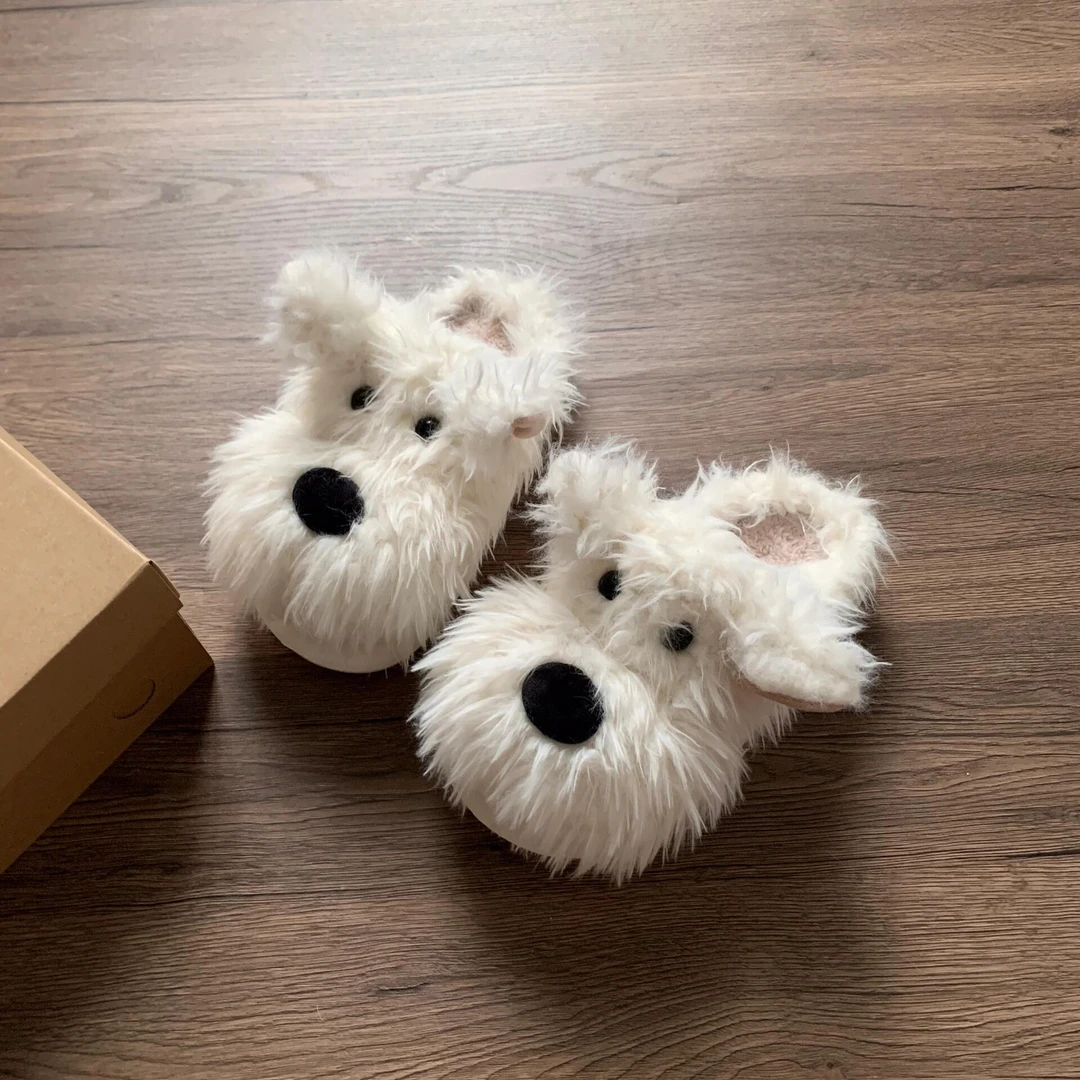 可爱潦草小狗毛毛拖鞋女款冬季新款爆款加厚毛绒保暖居家软底棉拖