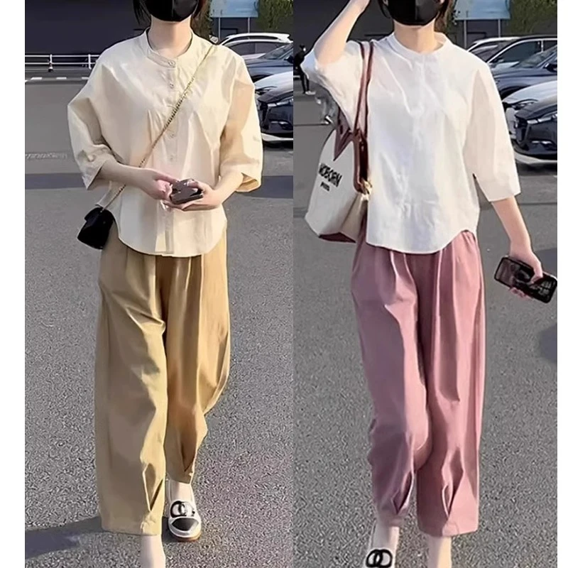成套搭配洋气套装韩版百搭显瘦五分袖休闲衬衫女粉色阔腿裤两件套