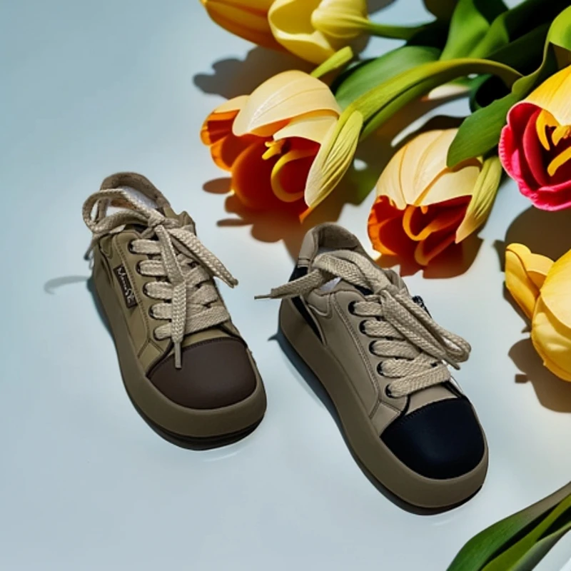 E11复古拼色圆头厚底板鞋绒女时尚舒适系带运动休闲0017