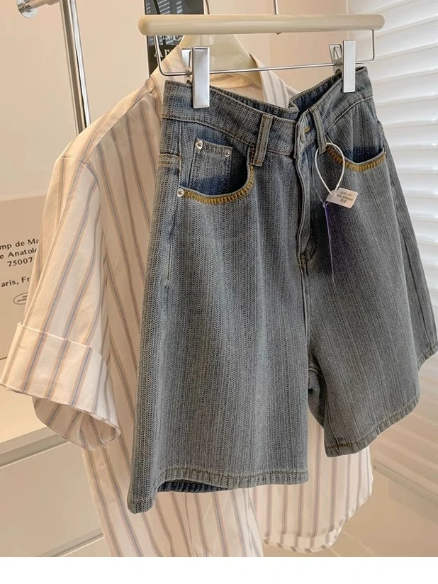 复古牛仔短裤女夏季大码女装胖mm高腰宽松显示阔脚裤