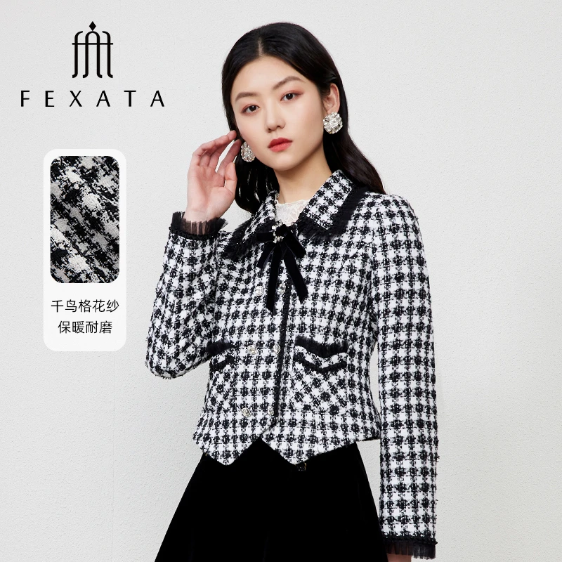 FEXATA斐格思2025春季新款复古时尚小香风黑白千鸟格纹短外套女