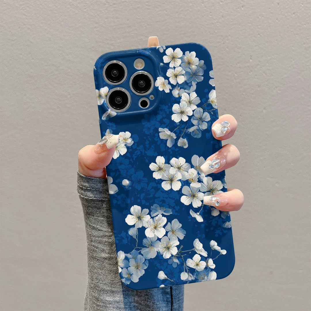 蓝紫玉兰花适用苹果16手机壳华为70高级vivo小米15全包oppo菲林壳