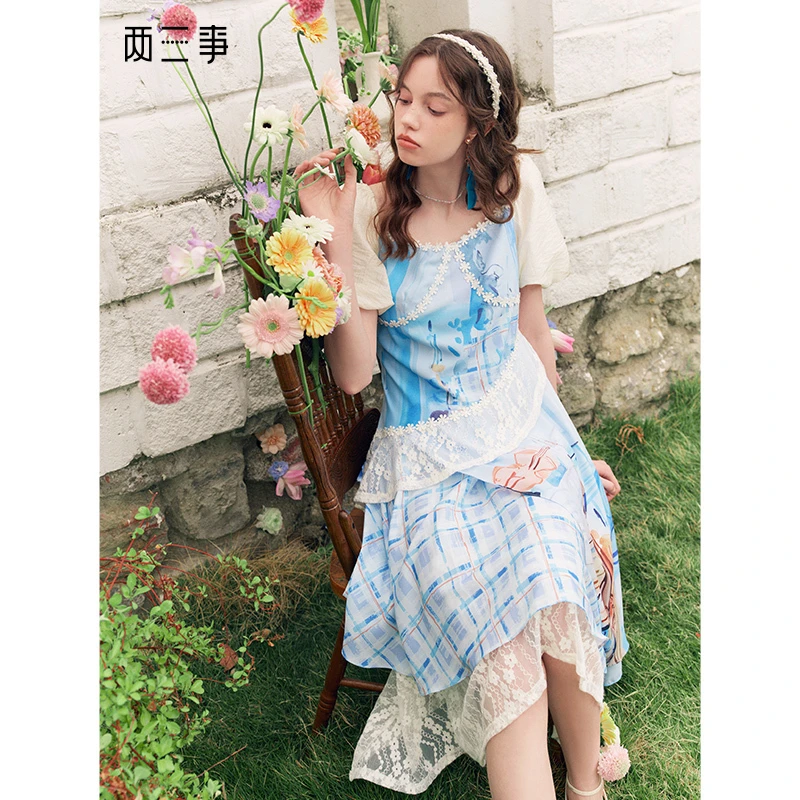 两三事海风祈愿宫廷风蕾丝拼接泡泡袖连衣裙