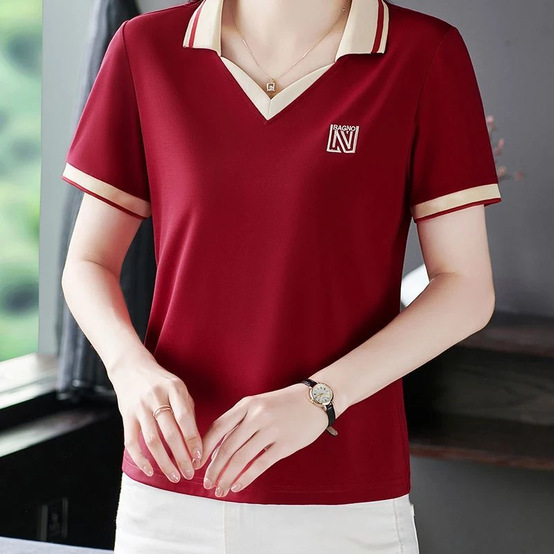 洋气减龄中老年妈妈装2025夏季新款宽松polo衫翻领大码短袖T恤女