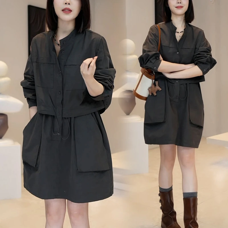 2026年法式气质抽绳收腰长袖连衣裙女春秋新款简约假两件裙子潮