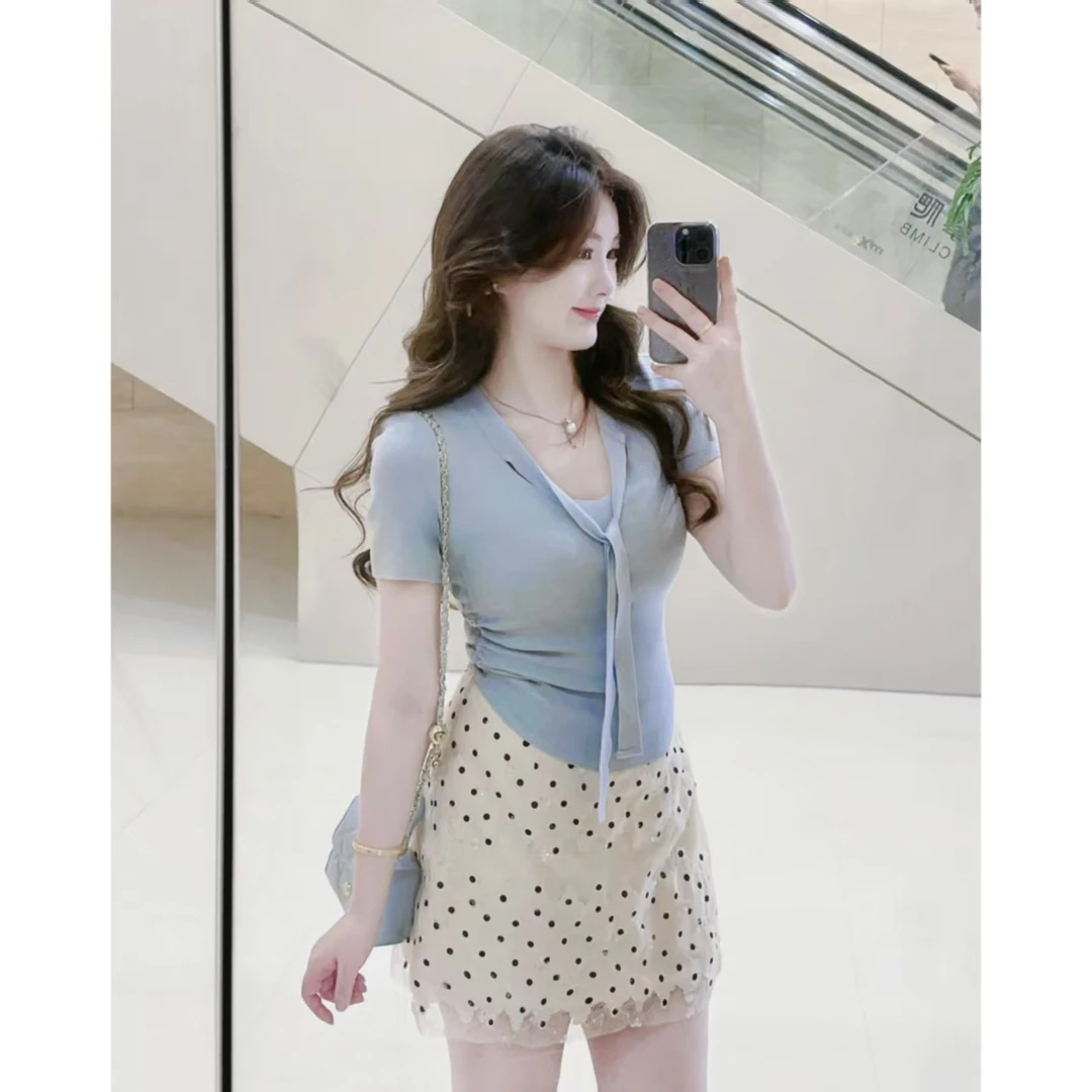 MuMu纯欲正肩设计感短袖针织上衣WPWGN00107高腰波点长短裙wp9681