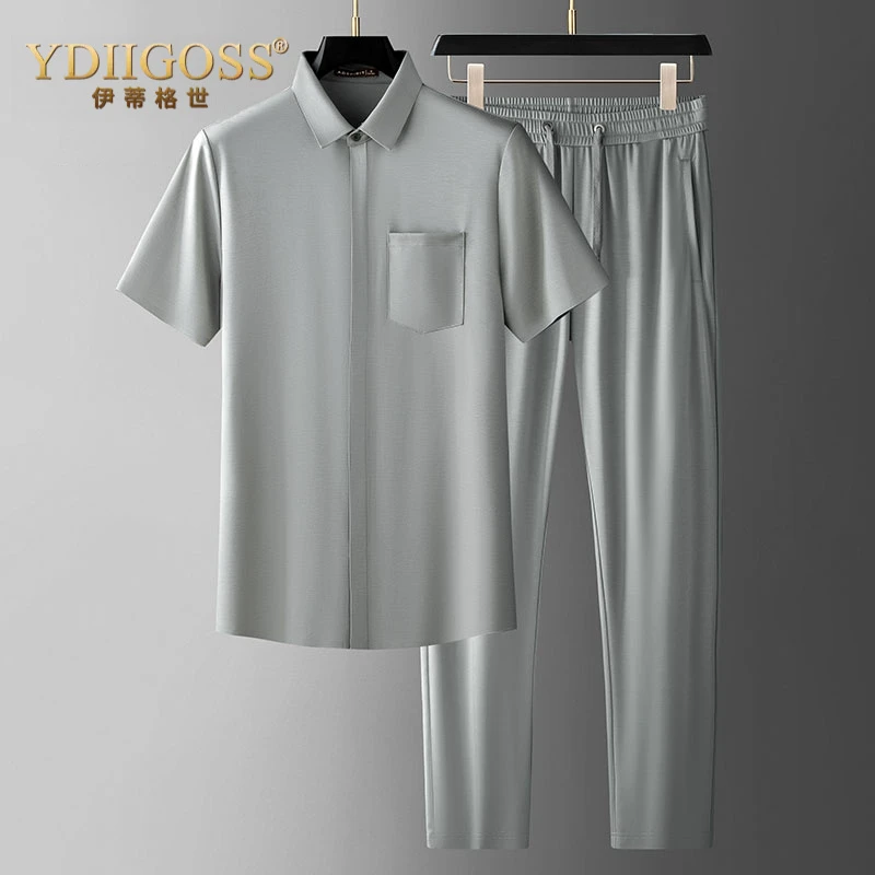 YDIIGOSS夏季轻薄运动休闲套装男士薄款弹力短袖衬衫运动裤两件套