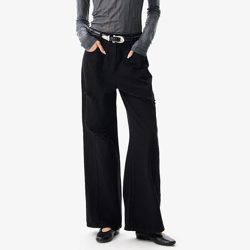 IRO Night 纯棉破洞牛仔裤直筒黑色长裤法式轻奢25秋冬新款
