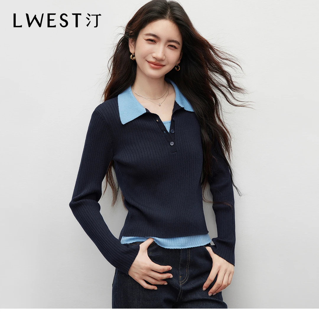 朗文斯汀2025冬季新款撞色翻领假两件拼接针织衫DTYZ5508D18545