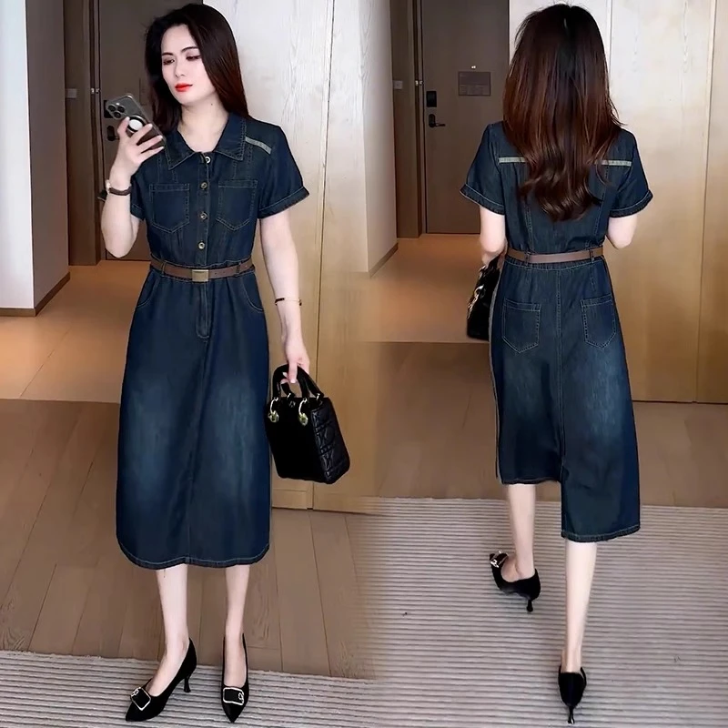 时尚牛仔连衣裙女2025夏季新款洋气质收腰显瘦小个子中长款衬衫裙
