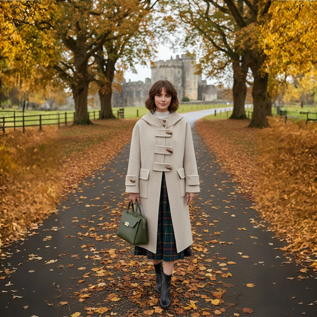 司南 中古学院风 感连帽牛角扣双面呢羊毛大衣中长款