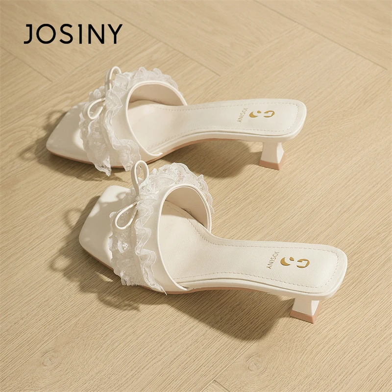 卓诗尼细跟一字拖鞋露趾方头凉鞋小香风女夏季新款法式凉拖高跟鞋