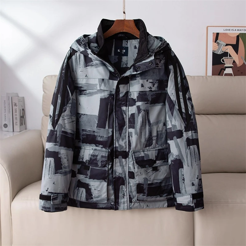 冬季外贸单新款时尚羽绒服男士迷彩连帽保暖休闲短款鸭绒外套045Y