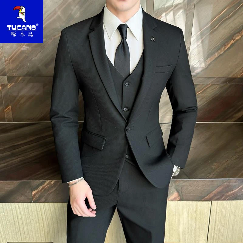 啄木鸟西服男套装韩版修身商务正装新郎伴郎礼服三件套休闲西装