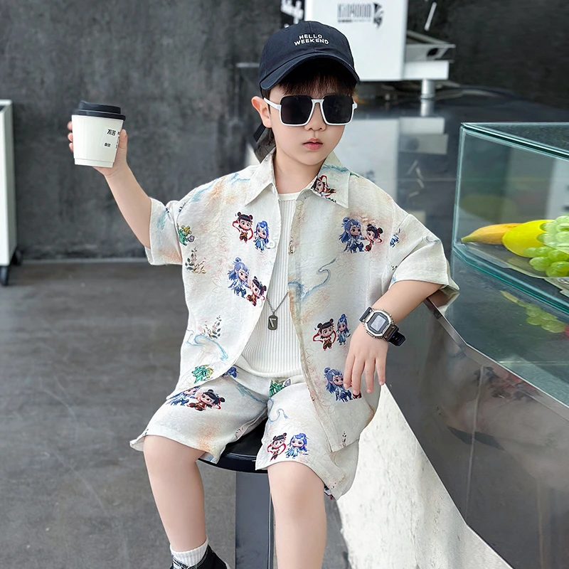 哪吒衣服男童夏装衬衫套装2025新款潮流帅气儿童短袖两件套男宝宝