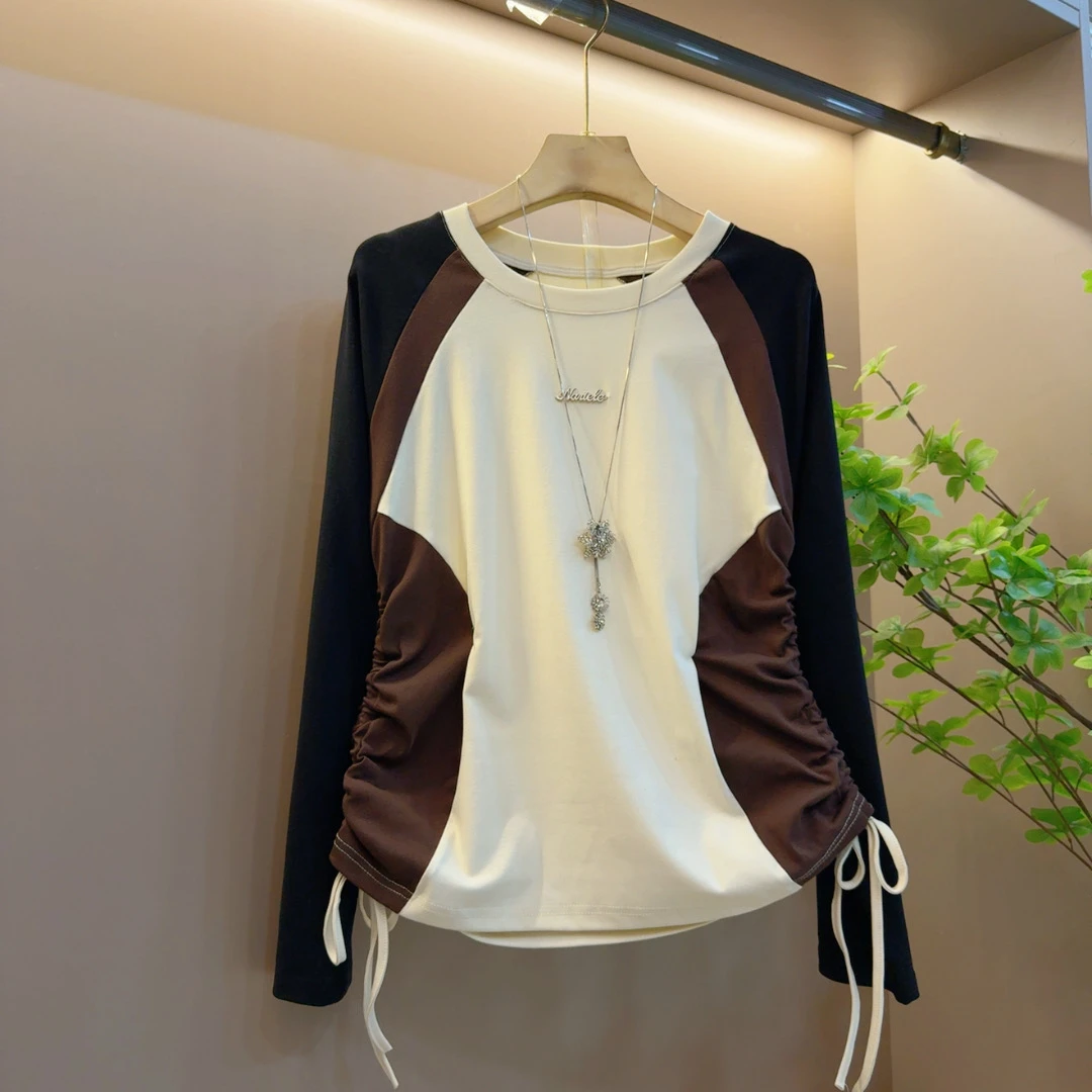 早秋新款减龄拼接抽绳百搭长袖显瘦修身上衣（长60左右）