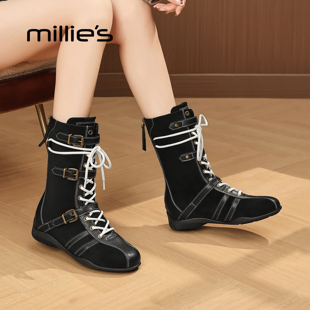MILLIE'S/妙丽2025新款复古马丁靴女拳击靴系带短靴中筒英伦风靴