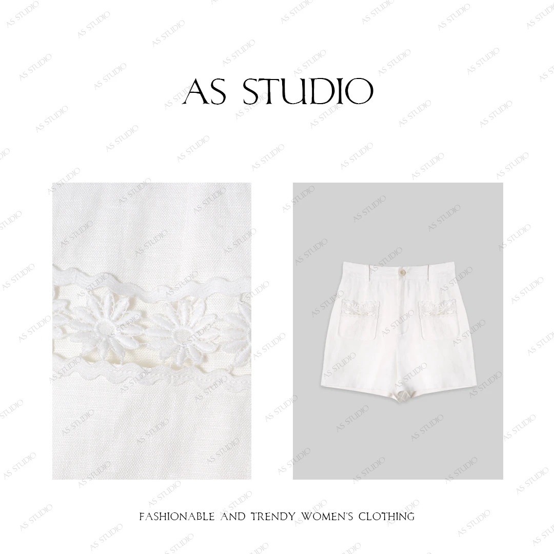 【AS花坠】25新原创镂空钩花双口袋显瘦百搭亚麻短裤AS25XDK00129