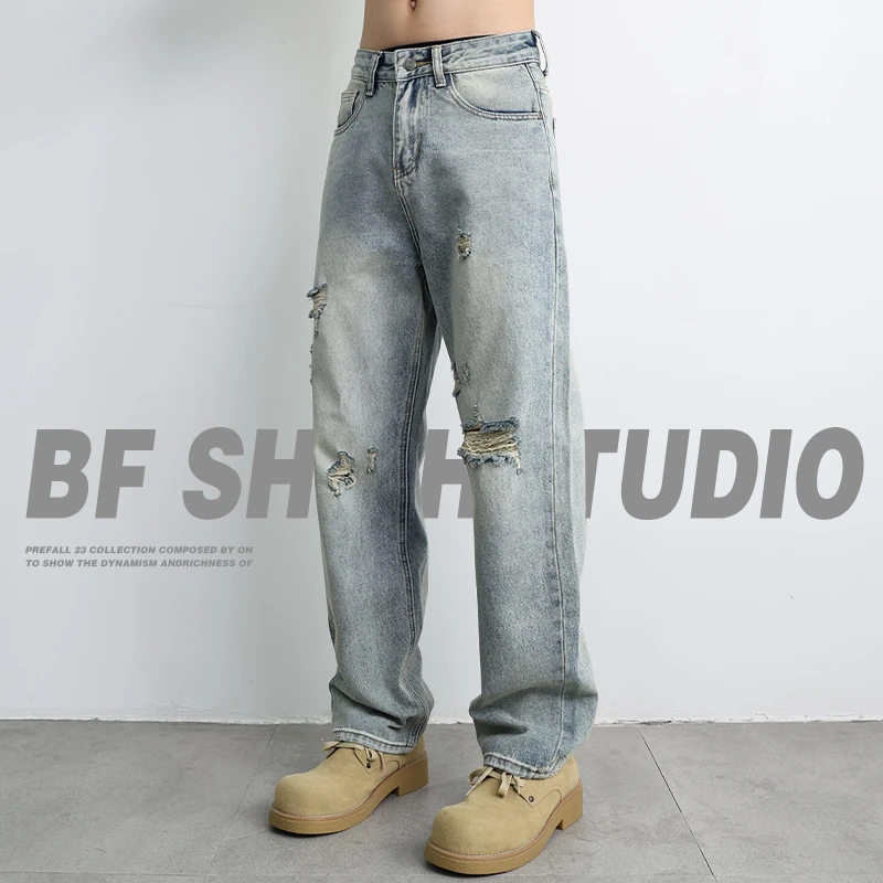 秋季乞丐破洞牛仔裤男潮牌痞帅宽松直筒美式复古水洗2025休闲长裤