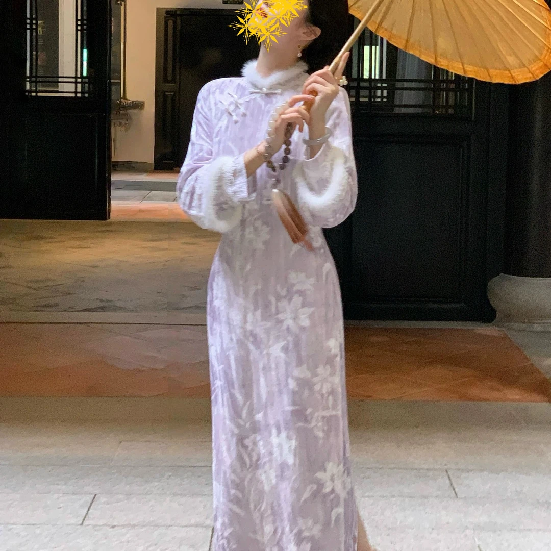 3511紫鸢吟 直条韩绒 新中式冬款加绒加厚年轻款改良旗袍120长款