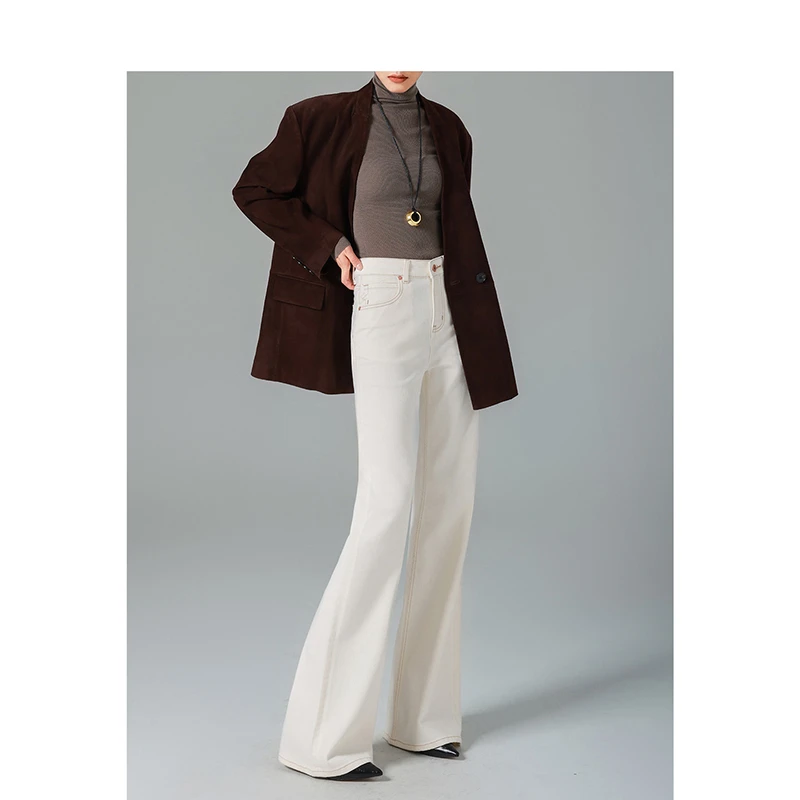 米白色高腰牛仔裤女秋季新款极简百搭宽松直筒喇叭拖地裤