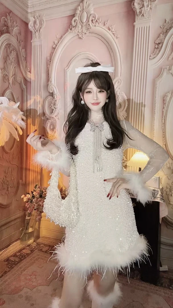 【崔】月下云裳 L0023韩版显瘦亮片连衣裙中长款名媛毛毛宽松裙子