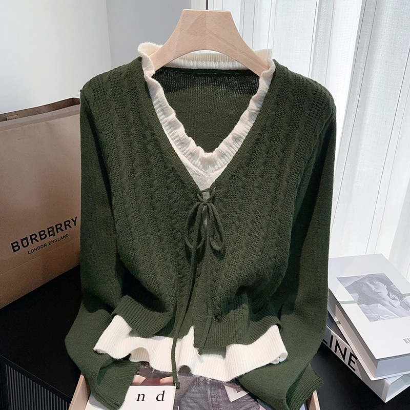 秋季大码女装胖MM韩系时尚v领假两件针织衫气质百搭显瘦长袖上衣