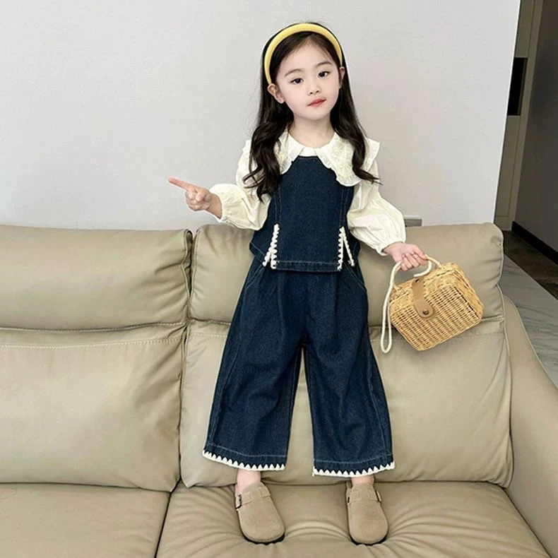 2025春季新款女童时髦翻领衬衫套装中小童洋气百搭牛仔马甲休闲裤