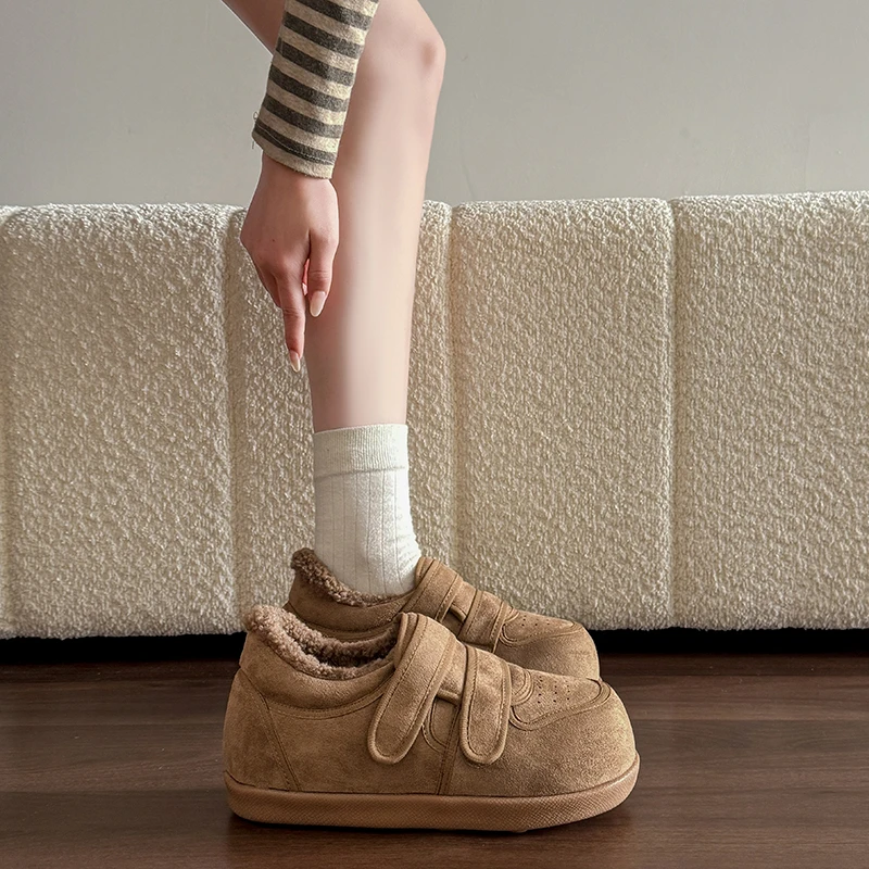 厚底丑萌魔术贴毛毛鞋女2025新款冬季厚底休闲德训鞋加绒保暖棉鞋
