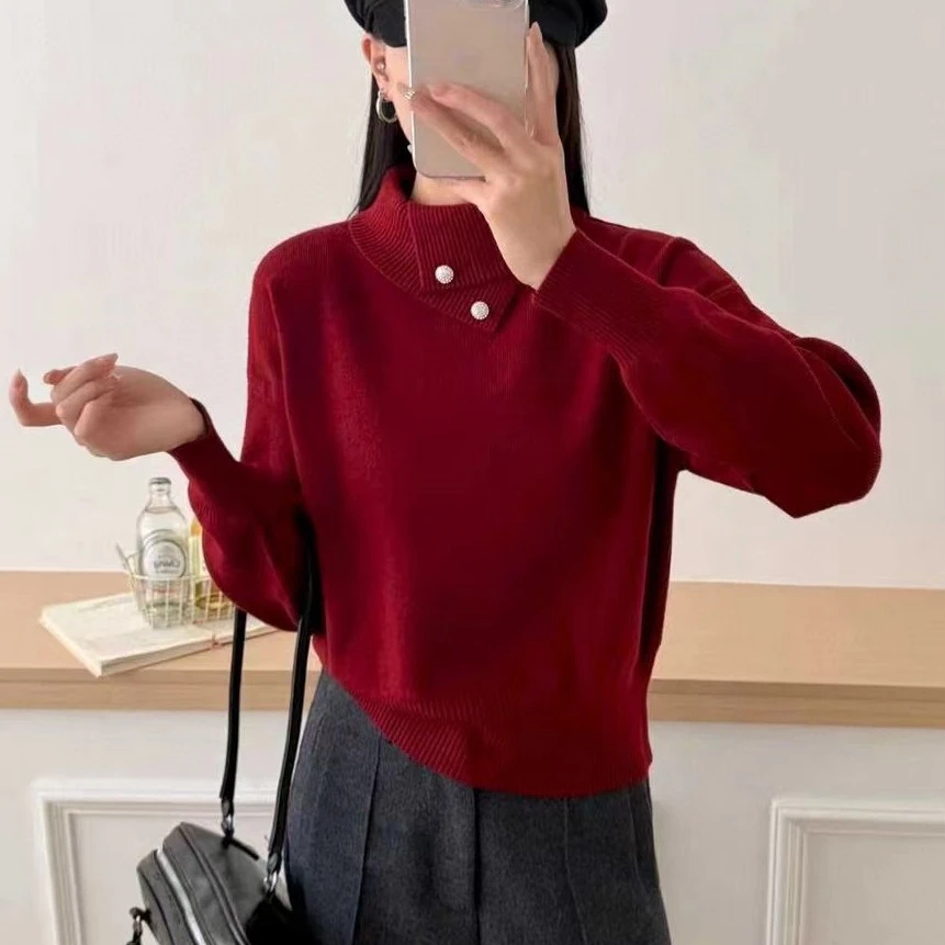 不规则翻领设计感针织衫女秋冬新款慵懒风高级百搭长袖毛衣上衣女