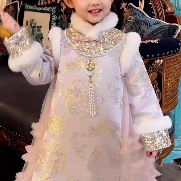 巴拉扣扣女童中国旗袍裙冬装2025新款洋气儿童唐装喜庆拜年女孩新