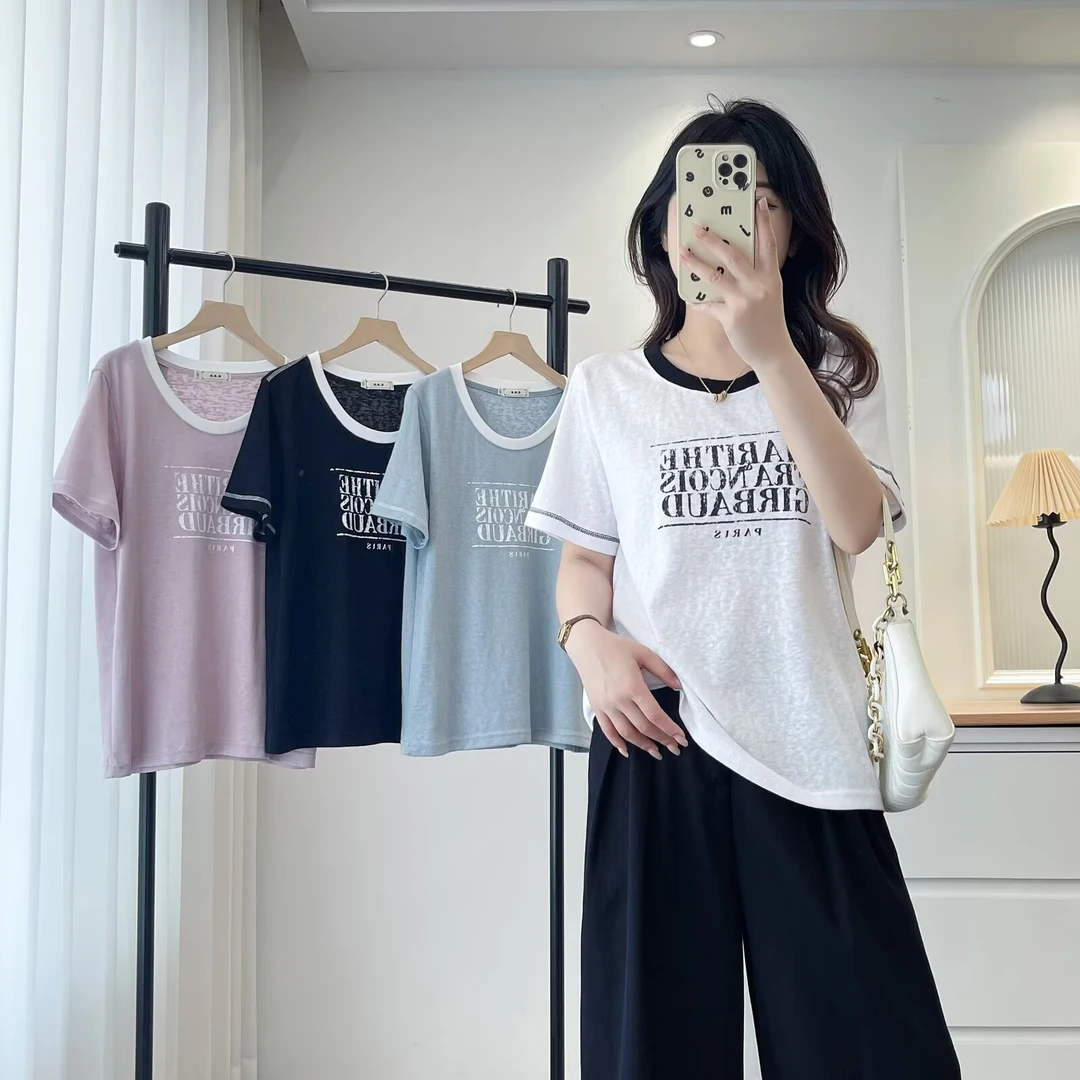 YueBeiLa/月贝拉大码夏季印花字母宽松短袖T恤设计感撞色减龄上衣