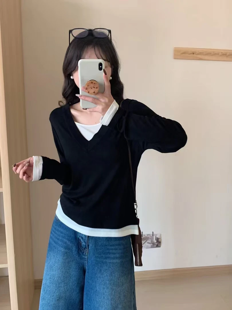 天丝羊毛打底衫女休闲打底衫T恤拼接上衣修身气 质小衫宽松假两件
