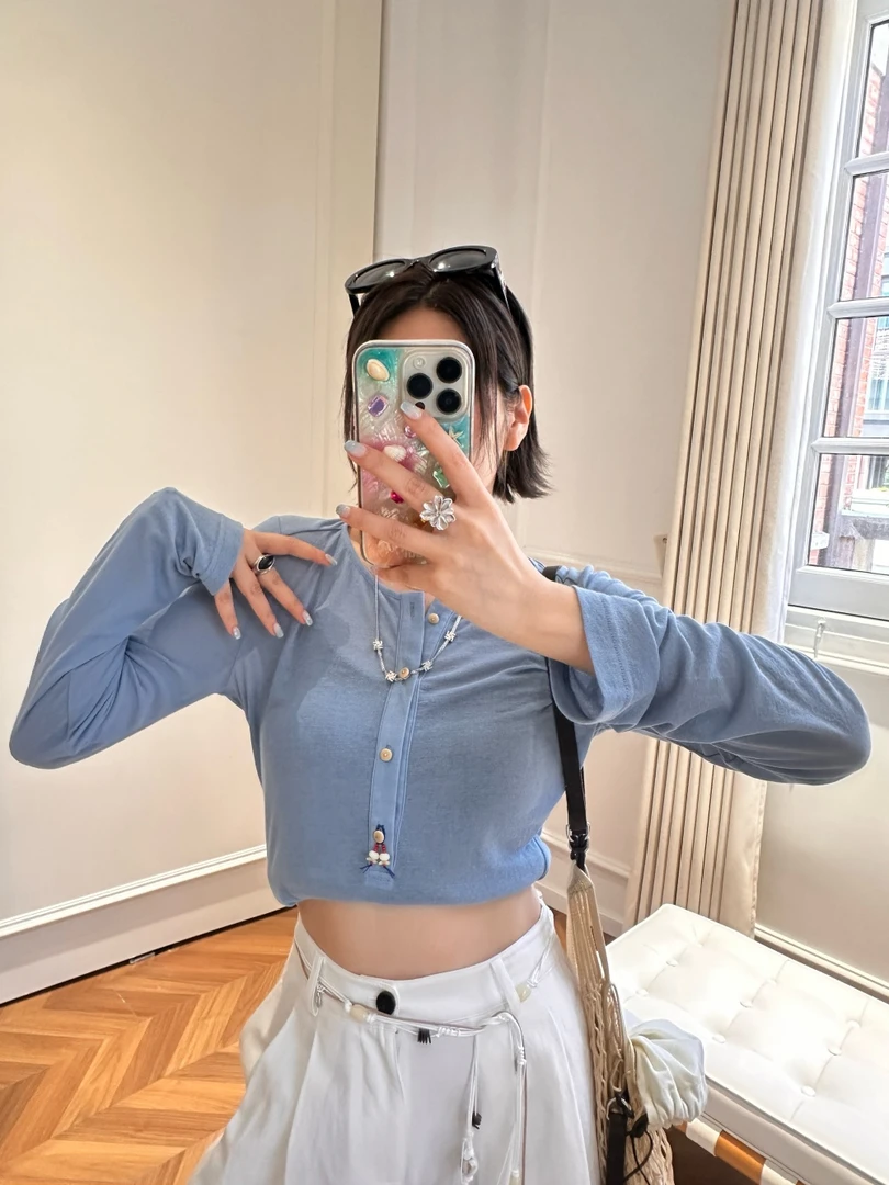 shào xīī 官方授权 25夏薄款珠饰针织打底衫长袖T恤亨利衫上衣女