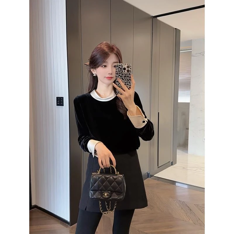 【大静静】“名媛风”巨好看气质真丝丝绒撞色显瘦丝绒衫