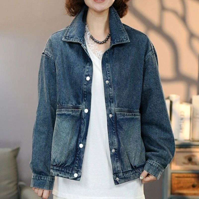 盼盼8790蓝色水洗女士牛仔外套2025新款百搭上衣显瘦牛仔夹克潮流