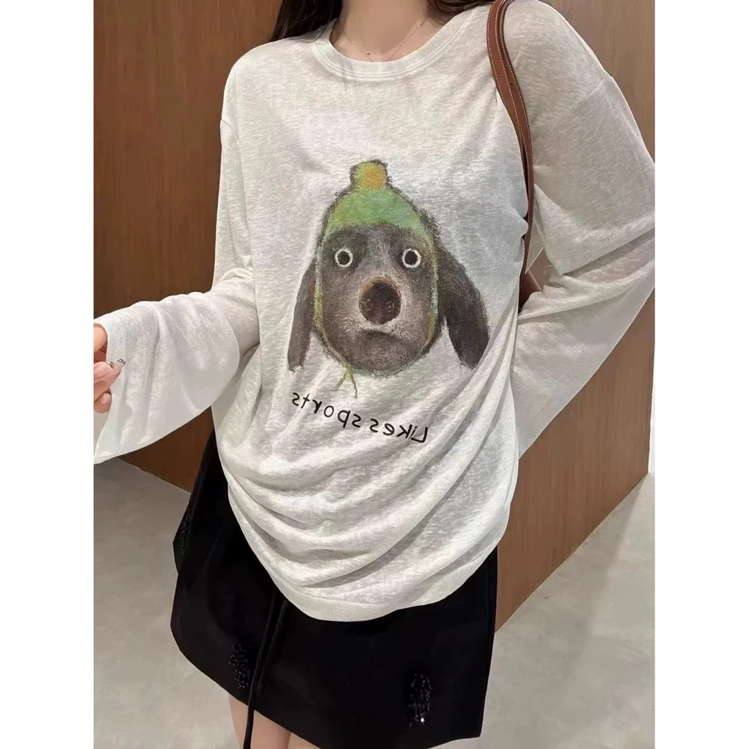韩系卡通小狗印花宽松圆领长袖薄防晒微透T恤女2025春夏休闲上衣