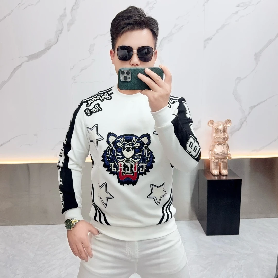 2025秋冬新款潮牌重工虎头刺绣个性设计感圆领男士长袖卫衣打底衫