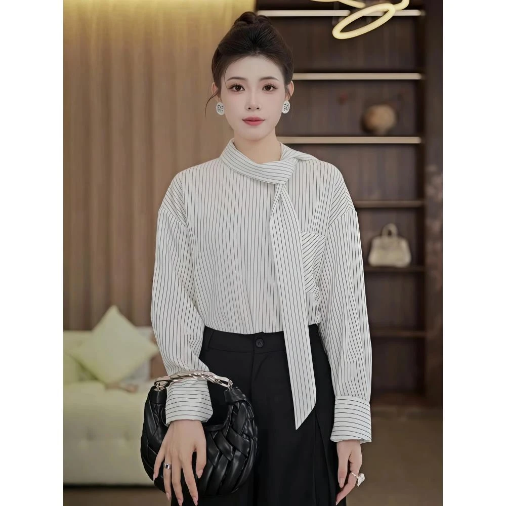 法式长袖白色条纹衬衫女春装女款2025年新款设计感蝴蝶结系带上衣